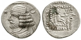 Parthia
Königreich der Arsakiden
Drachme 57/38 v.Chr. Rhagae. Brb. l./Arsakes sitzt r., hält Bogen über Monogramm. 3,63 g.
vorzüglich, min. Belag
...