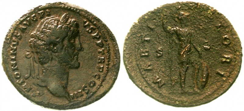Kaiserzeit
Antoninus Pius, 138-161
Sesterz 140/144. Bel. Kopf r./MARTI VLTORI ...