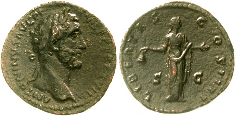 Kaiserzeit
Antoninus Pius, 138-161
Sesterz 154/155. Bel. Kopf r./LIBERTAS COS ...