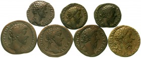 Kaiserzeit
Marcus Aurelius, 161-180
7 Bronzemünzen: 4 Sesterze, 1 Dupondius, 2 Asses. Rückseiten Jupiter, Salus, Felicitas, Mars, Fortuna, Concordia...