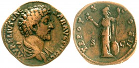 Kaiserzeit
Marcus Aurelius, 161-180
Sesterz, als Caesar TR POT X = 155/156. Drap. Brb. r./TRPOT X COS II SC. Minerva steht l.
sehr schön
