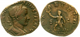 Kaiserzeit
Gordianus III. Pius, 238-244
Sesterz 238/244. Belorb., drap. Brb. r./PAX AETERNA SC. Pax steht l., hält Palmzweig.
sehr schön
