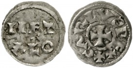 Karl der Einfältige 897-922
Pfennig o.J. Melle. METALO/CARLVS REX (verdrehtes S), Kreuz.
sehr schön