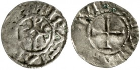Karl der Kahle, 840-877
Obol o.J. unleserliche Mzst., Dijon (?). +IRATIA D ... EX. Karolus-Monogramm/Kreuz.
sehr schön, Prägeschwäche