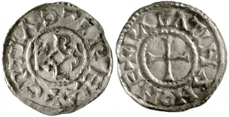 Karl der Kahle, 840-877
Pfennig o.J. Palastmünzstätte. +GRATIA D - I REX. Karol...