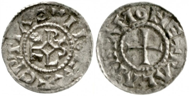Karl der Kahle, 840-877
Pfennig o.J. Palastmünzstätte. +GRATIA D - I REX. Karol...