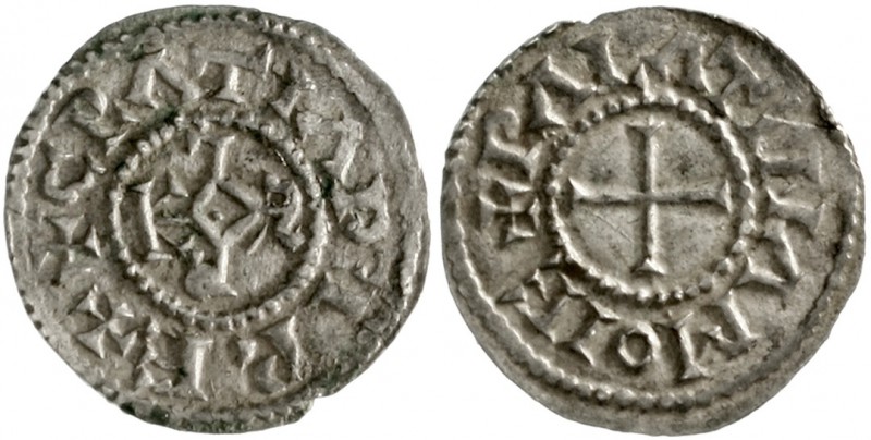 Karl der Kahle, 840-877
Pfennig o.J. Palastmünzstätte. +CRATIA D - I REX. Karol...