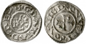 Karl der Kahle, 840-877
Pfennig o.J. Pas-de-Calais. +GRATIA D - I REX. Karolus-Monogramm/+QVVENTOVVICI. Kreuz, in zwei gegenüberliegenden Winkeln je ...