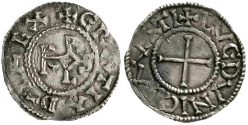 Karl der Kahle, 840-877
Pfennig o.J. Lyon. +GRATIA D - I REX. Karolus-Monogramm...