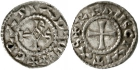 Karl der Kahle, 840-877
Pfennig o.J. Reims +GRATIA D - I REX. Karolus-Monogramm/+REMIS CIVITAS. Kreuz.
sehr schön, selten
