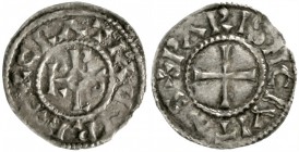 Karl der Kahle, 840-877
Pfennig o.J., Paris. +GRATIA D - IREX (verdrehtes D). Karolus-Monogramm/+PARISII CIVITAS um Kreuz.
sehr schön