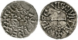 Karl der Kahle, 840-877
Pfennig o.J. Angers. +GRATIA D - I REX. Karolus-Monogramm/+ANDECAVIS CIVITAS.Kreuz.
sehr schön