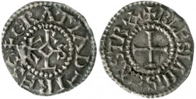Karl der Kahle, 840-877
Pfennig o.J. Blois. +GRATIA D - I REX. Karolus-Monogramm/+BLESIANIS CASTRO. Kreuz.
sehr schön