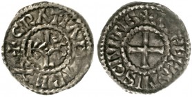 Karl der Kahle, 840-877
Pfennig o.J. Orleans. +GRATIA D - I REX. Karolus-Monogramm/+AVRELIANIS CIVITIS. Kreuz.
gutes sehr schön, kl. Prägeschwäche, ...