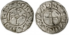 Karl der Kahle, 840-877
Pfennig o.J., Lyon. +GRATIA D - I REX. Karolus-Monogramm/+LVGDVNI CIAVATI um Kreuz.
sehr schön/vorzüglich, etwas gewellt