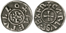 Karl der Kahle, 840-877
Pfennig o.J. Melle. +METVLLO um Karolus-Monogramm/+CARLVS REX FR um Kreuz im Perlkreis.
sehr schön