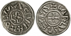 Karl der Kahle, 840-877
Pfennig o.J. Toulouse. +TOLVSA CIVI (liegendes S). Karolus-Monogramm/+CARLVS REX FR. Kreuz.
sehr schön