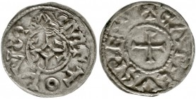 Karl der Kahle, 840-877
Pfennig o.J. Toulouse. +TOLVSA CIVIT (liegendes S). Karolus-Monogramm/+CARLVS REX. Kreuz.
sehr schön
