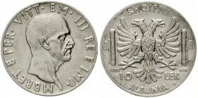 Albanien
Italienische Besetzung/Vittorio Emanuelle III., 1939-1943
10 Lek 1939 R. sehr schön/vorzüglich, kl. Randfehler