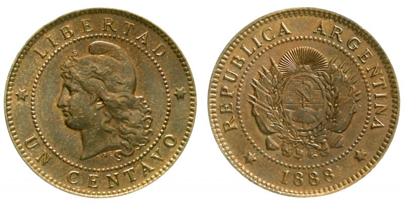 Argentinien
Republik, seit 1881
Centavo 1888. fast Stempelglanz, schöne Kupfer...