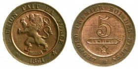 Belgien
Leopold I., 1830-1865
Probe-5 Centimes 1861 in Kupfer. Französisch. 2,95 g.
fast Stempelglanz, schöne Kupfertönung, selten
