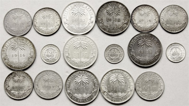 Britisch Westafrika
Georg V., 1911-1936
Kleine Sammlung von 17 Silbermünzen au...