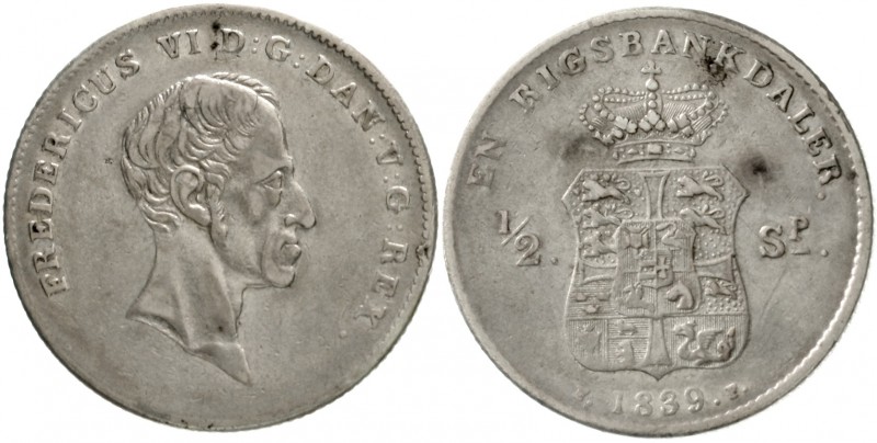 Dänemark
Frederik VI., 1808-1839
Rigsbankdaler = 1/2 Speciesdaler 1839 FF. seh...
