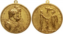 Frankreich
Heinrich IV., 1589-1610
Altvergold. Bronzemedaille nach der Vorlage 1603 von G. Dupré. Brb. Henri und seiner Gattin Maria r./PROPAGO IMPE...
