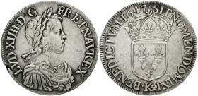 Frankreich
Ludwig XIV., 1643-1715
1/4 Ecu a la meche longue 1647 K, Bordeaux. sehr schön/vorzüglich, Schrötlingsfehler am Rand