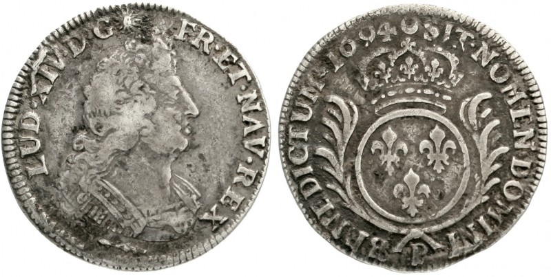 Frankreich
Ludwig XIV., 1643-1715
1/4 Ecu 1694 P, Dijon. sehr schön