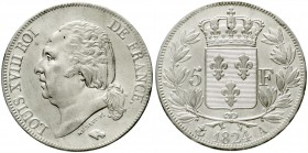 Frankreich
Ludwig XVIII., 1814, 1815-1824
5 Francs 1824 A. Paris.
vorzüglich, gereinigt