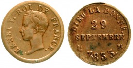 Frankreich
Heinrich V. Kronprätendent, 1832-1873
Probe (Essai) 1/2 Franc Bronze 1833. Jugendlicher Kopf n.l./DIEU LA DONNE 29 SEPTEMBRE 1833. 2,56 g...