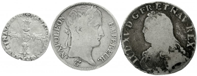 Frankreich
Lots
3 Silbermünzen: 1/4 Ecu 1601 F, Ecu 1734 D, Napoleon 5 Francs ...