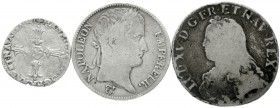 Frankreich
Lots
3 Silbermünzen: 1/4 Ecu 1601 F, Ecu 1734 D, Napoleon 5 Francs 1811 A. schön bis sehr schön