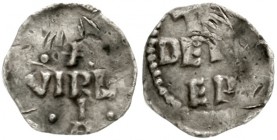 Frankreich-Verdun, bischöfliche Münzstätte
Theoderich, 1046-1089
Denar 1046/1089. T.. DE..EP/..IRIA - VIRL in Kreuzform. 1,11 g.
schön