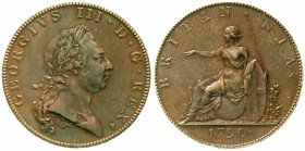 Großbritannien
George III., 1760-1820
Halfpenny PROBE 1790. Stempel von Droz. Kupfer 15,18 g.
sehr schön/vorzüglich, Schrötlingsfehler auf der Brus...