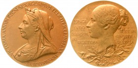 Großbritannien
Victoria, 1837-1901
Bronzemedaille 1897 (sign. T.B.) auf ihr 60. Regierungsjubiläum. Jugendl. Kopf n.l./Büste mit Schleier und Krone ...