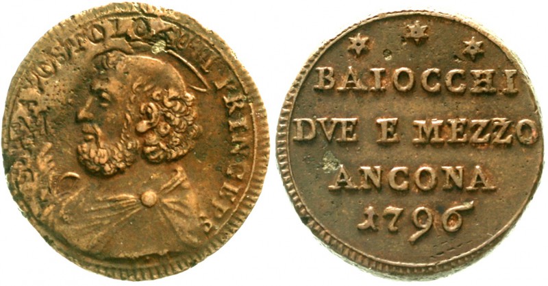 Italien-Kirchenstaat
Pius VI., 1775-1799
2 1/2 Baiocchi 1796. Ancona.
sehr sc...