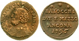 Italien-Kirchenstaat
Pius VI., 1775-1799
2 1/2 Baiocchi 1796. Ancona.
sehr schön, übl. Stempelfehler und kl. Randfehler