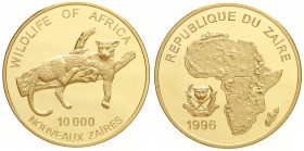 Kongo-Demokratische Republik
1960-1971, danach Zaire
Probe 10000 Nouveaux Zaires in Cu/Ni vergoldet 1997. Leopard. 62 mm, 128,18 g. In Kapsel.
Poli...
