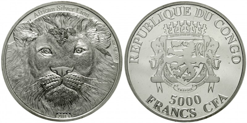 Kongo-Republik (früher Zaire)
seit 1971
5000 Francs CFA (4 Unzen) Silbermünze ...