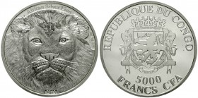 Kongo-Republik (früher Zaire)
seit 1971
5000 Francs CFA (4 Unzen) Silbermünze 2013. Afrikanischer Löwe. In Kapsel. Auflage nur 400 Ex. (Num. Ex. 87)...