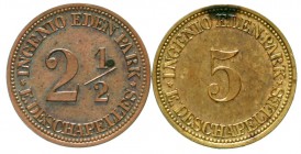 Kuba
Spanisch, bis 1897
2 Stück: 5 und 2 1/2 Centavos Marken (Messing und Kupfer) o.J.(1882) Ingenio Eden Park.
vorzüglich/Stempelglanz, einer flec...