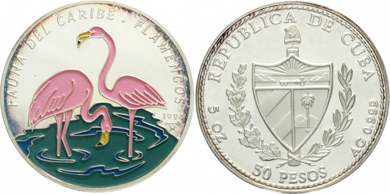Kuba
Republik, seit 1898
50 Pesos Farbmünze (5 Unzen Silber) 1994 Flamingos. A...