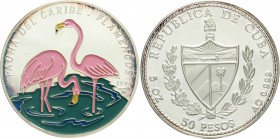 Kuba
Republik, seit 1898
50 Pesos Farbmünze (5 Unzen Silber) 1994 Flamingos. Auflage nur 2500 Ex. In Kapsel.
Polierte Platte, etwas angelaufen