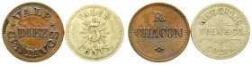 Panama
Republik, seit 1903
2 Stück: 10 Centavos Token Kupfer o.J. R. Chacon und 5 Cents Token CuNi Wing Chong Yuen & Co. Colon.
vorzüglich/Stempelg...