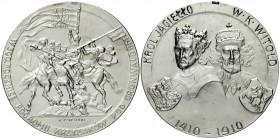 Polen
Nikolaus II. von Russland, 1894-1917
Versilb. Bronzemed. 1910 v. Czaplicki a.d. 500-Jf. der Schlacht bei Tannenberg (Grunwald). Brb. Jagiello ...