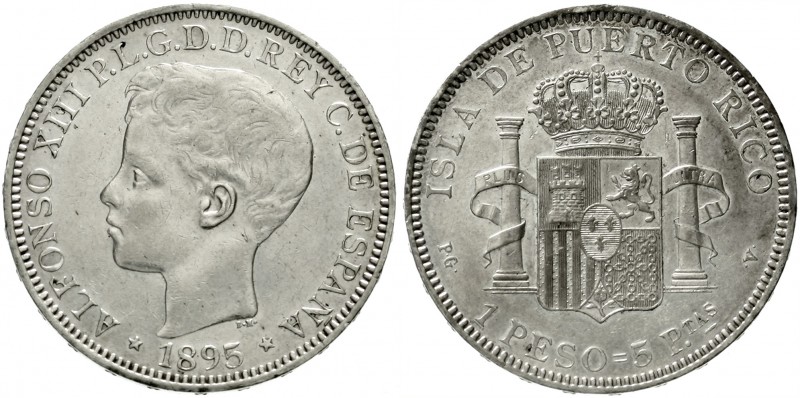 Puerto Rico
spanisch, bis 1898
1 Peso= 5 Pesetas 1895. sehr schön/vorzüglich, ...