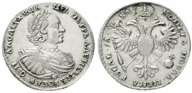 Russland
Peter I. der Große, 1689-1725
Rubel 1721 (kyrillisch), Kadashevsky-Münzhof. K neben dem Harnisch, Palmzweig auf der Brust, Kleeblatt über d...