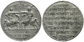 Russland
Katharina II., 1762-1796
Zinnmedaille 1774, unsign., a.d. Frieden von Malka-Kaynardzha. Zarin u. Sultan, zu Pferd, reichen einander die Hän...